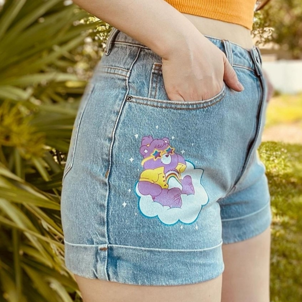 NWT Care Bears Glitter Print Denim Mom Shorts Womens Size 6 & PLUS SIZE 16 - Picture 3 of 12